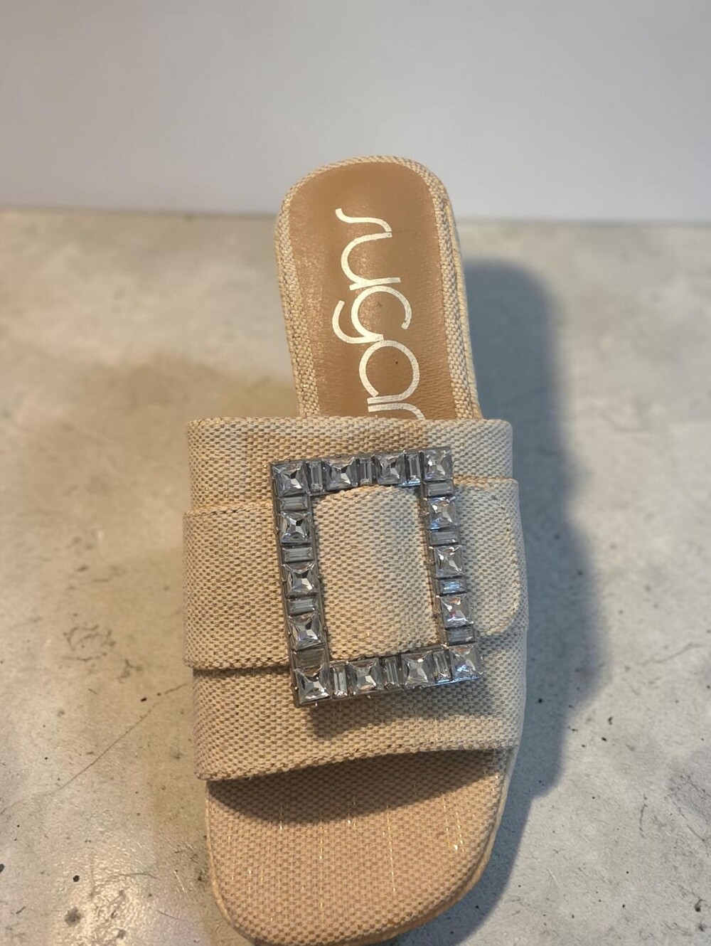 Nwot SUGAR Neutral Beige Espadrille Platform Slide Sandals with Crystal Buckle - Picture 2 of 4